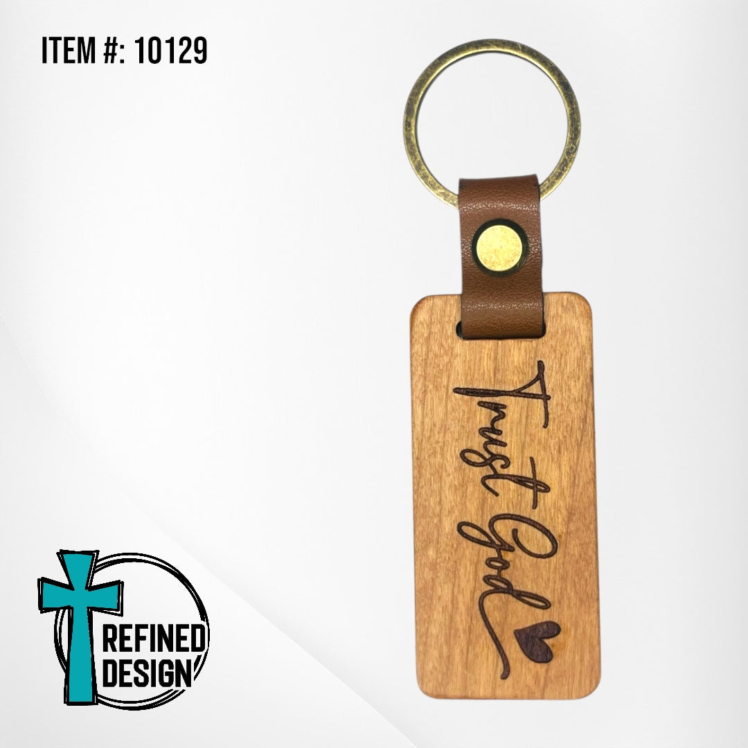 “Trust God” Wood and Leather Keychain