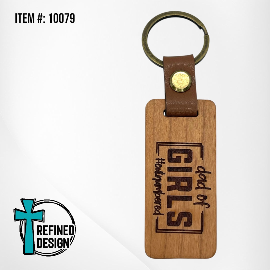 “Dad of Girls #OutNumbered” Wood and Leather Keychain