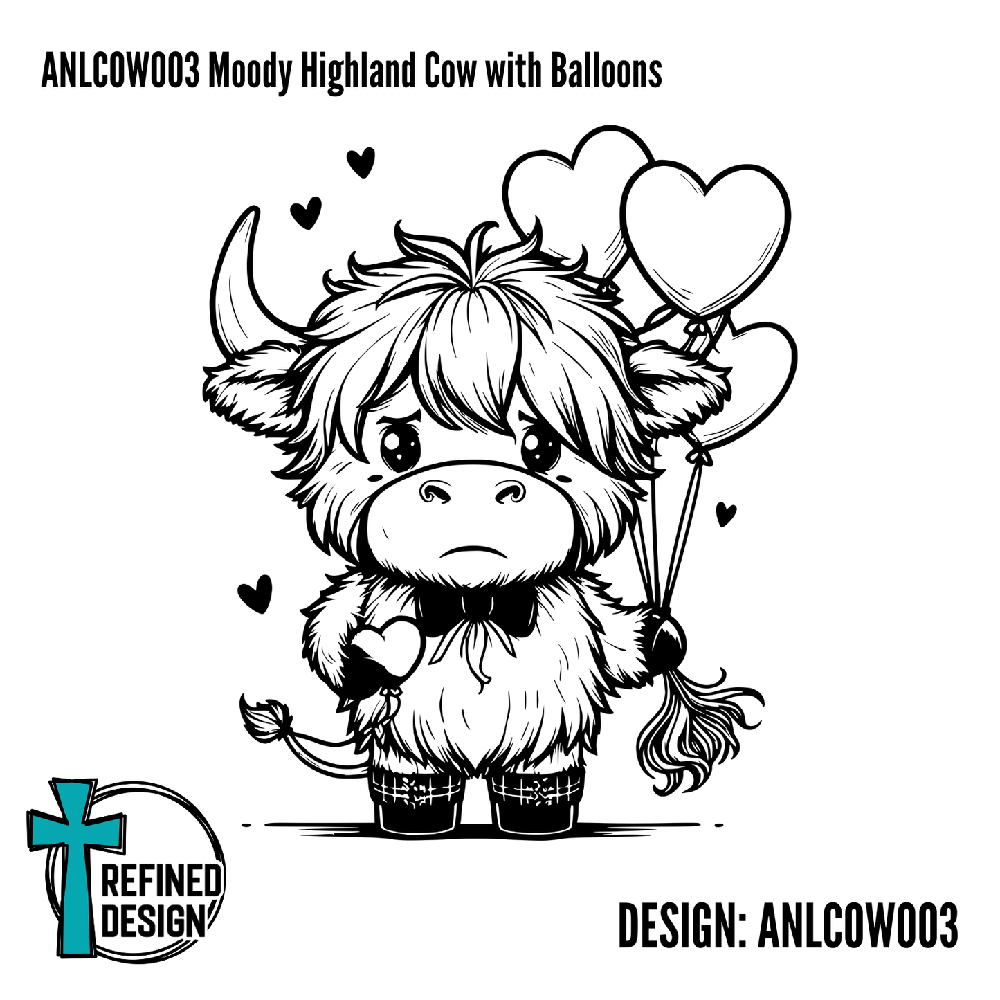 ANLCOW003 Moody Highland Cow with Balloons