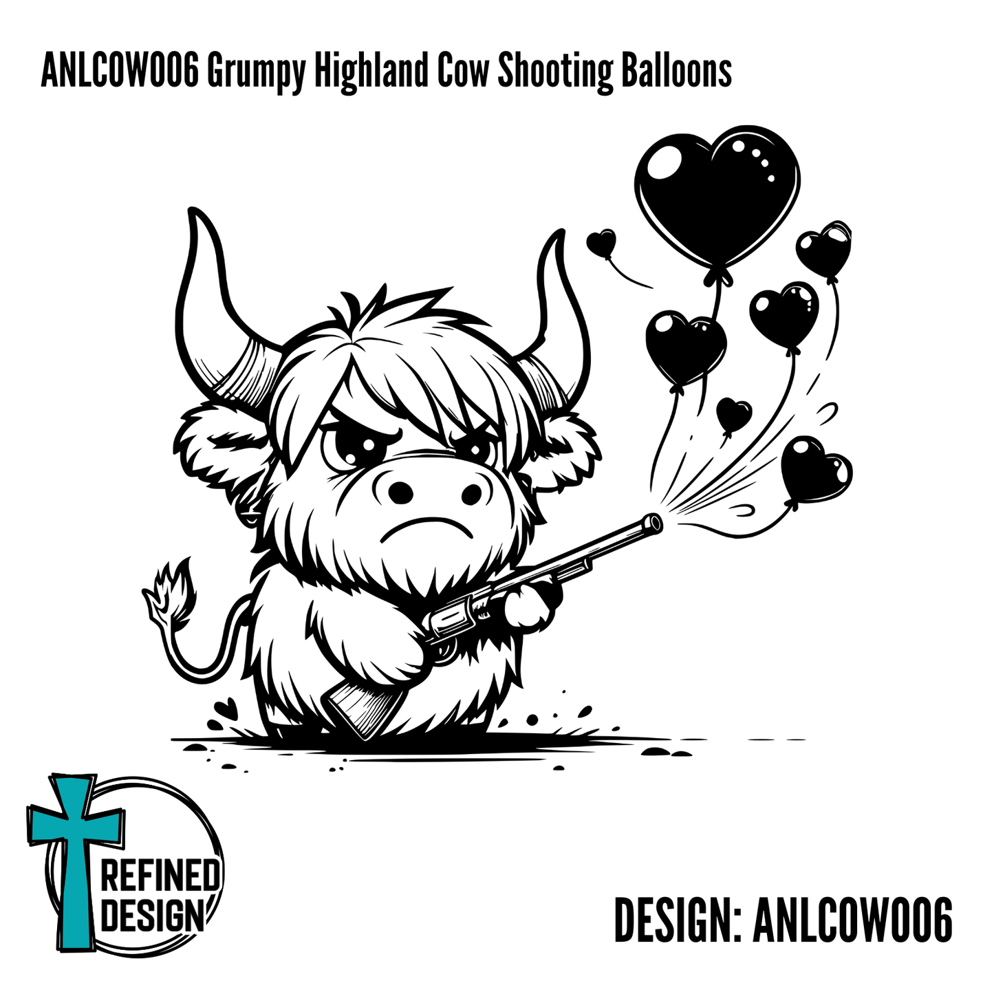 ANLCOW006 Grumpy Highland Cow Shooting Balloons
