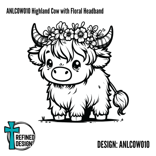 ANLCOW010 Highland Cow with Floral Headband