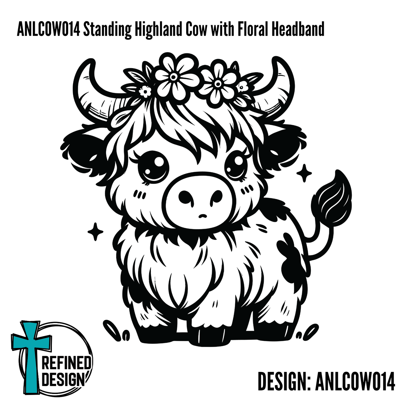 ANLCOW014 Standing Highland Cow with Floral Headband