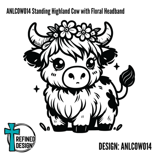 ANLCOW014 Standing Highland Cow with Floral Headband