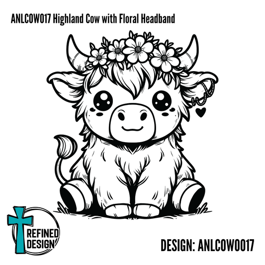 ANLCOW017 Highland Cow with Floral Headband