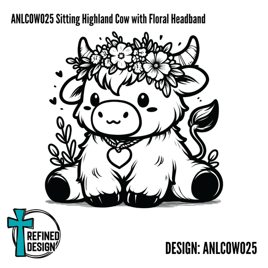 ANLCOW025 Sitting Highland Cow with Floral Headband