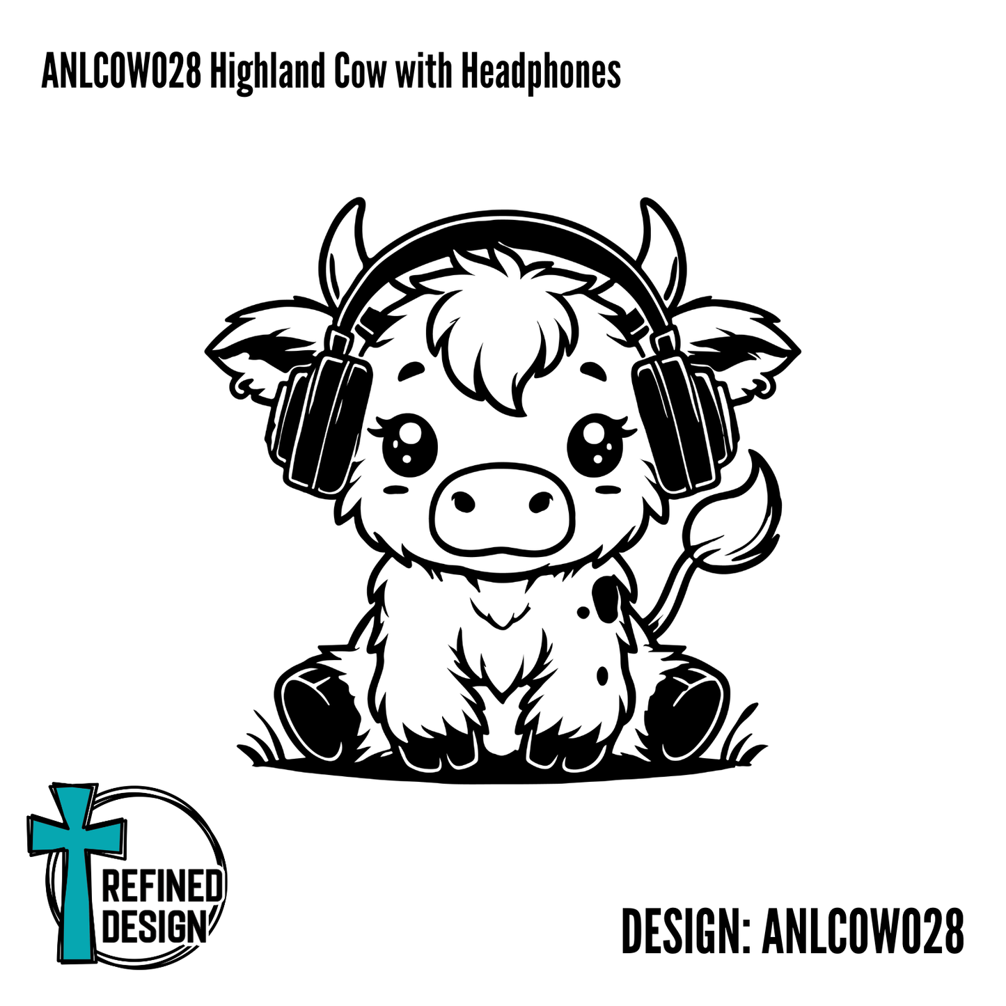 ANLCOW028 Highland Cow with Headphones