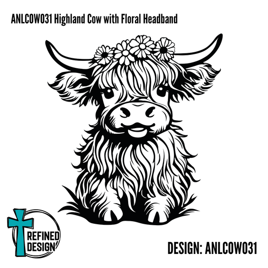 ANLCOW031 Highland Cow with Floral Headband