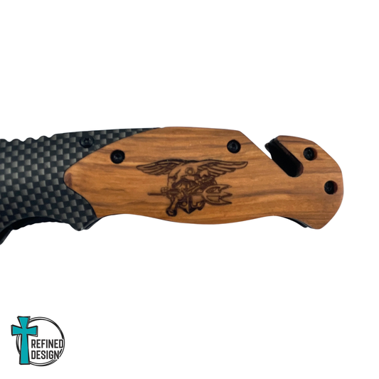 Personalized Navy Seal Trident Olive Wood Handle Pocket Knife