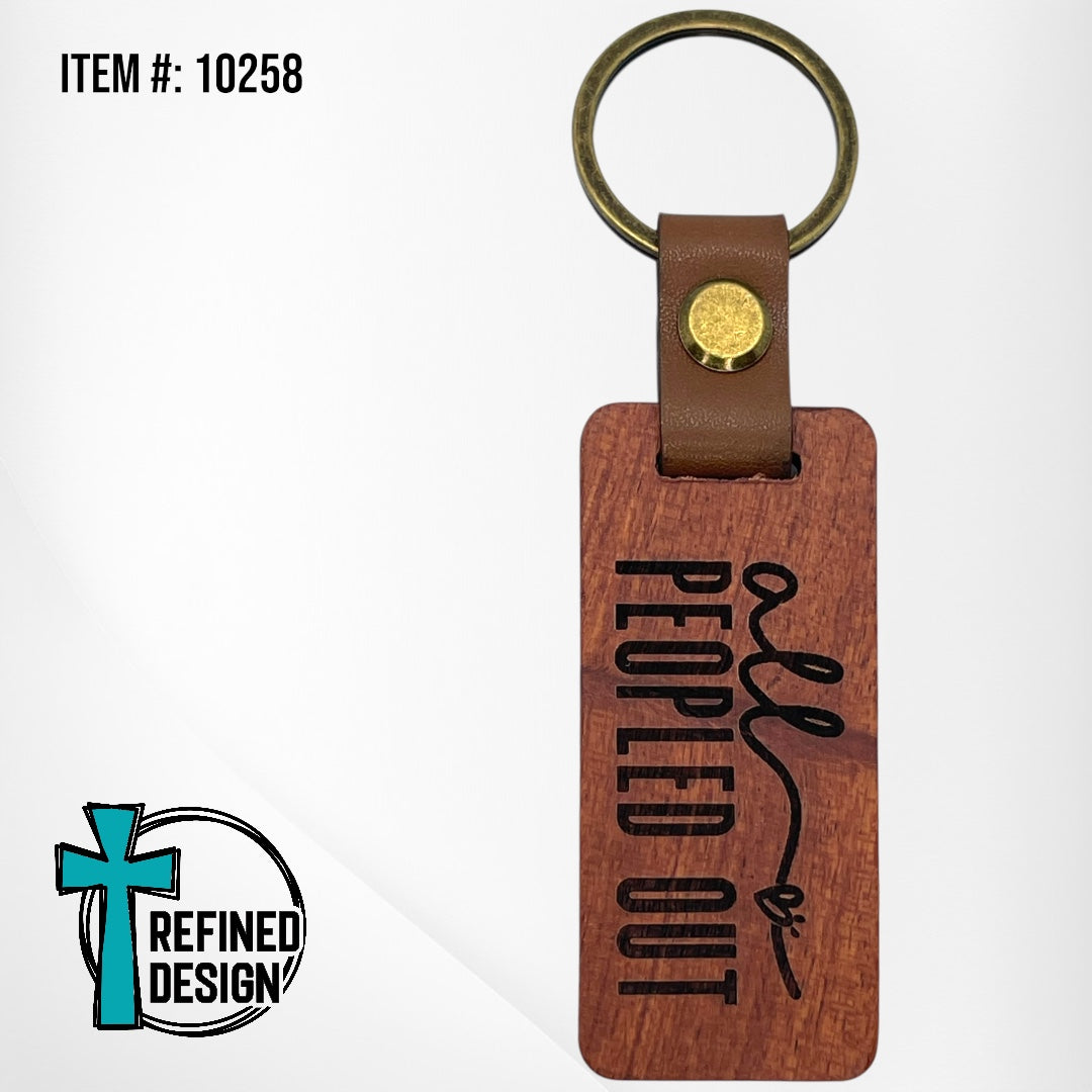 “All Peopled Out” Wood and Leather Keychain