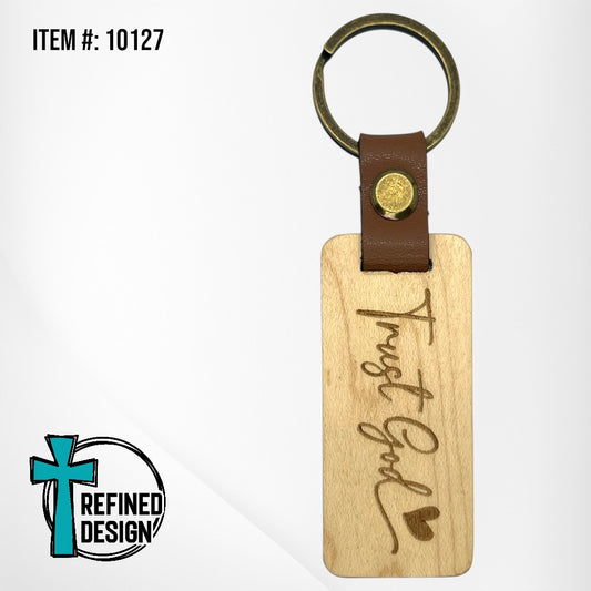 “Trust God” Wood and Leather Keychain