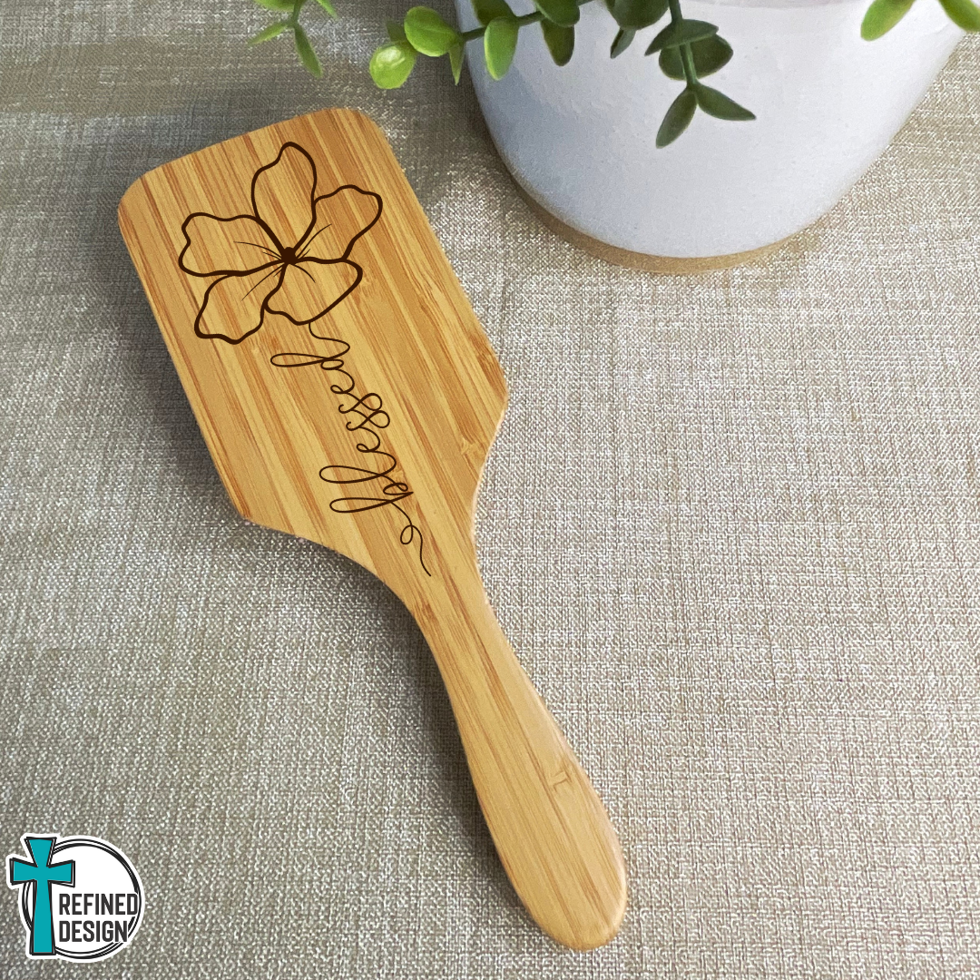 Personalized Floral "Blessed" Bamboo Hairbrush