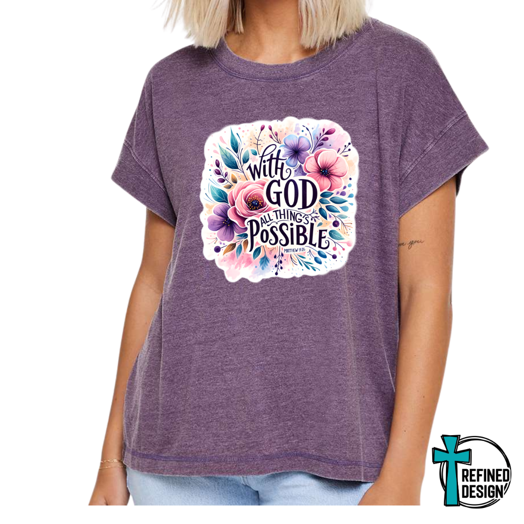 With God All Things Are Possible – Matthew 19:26 Floral Vintage Washed Plum Varsity Tee