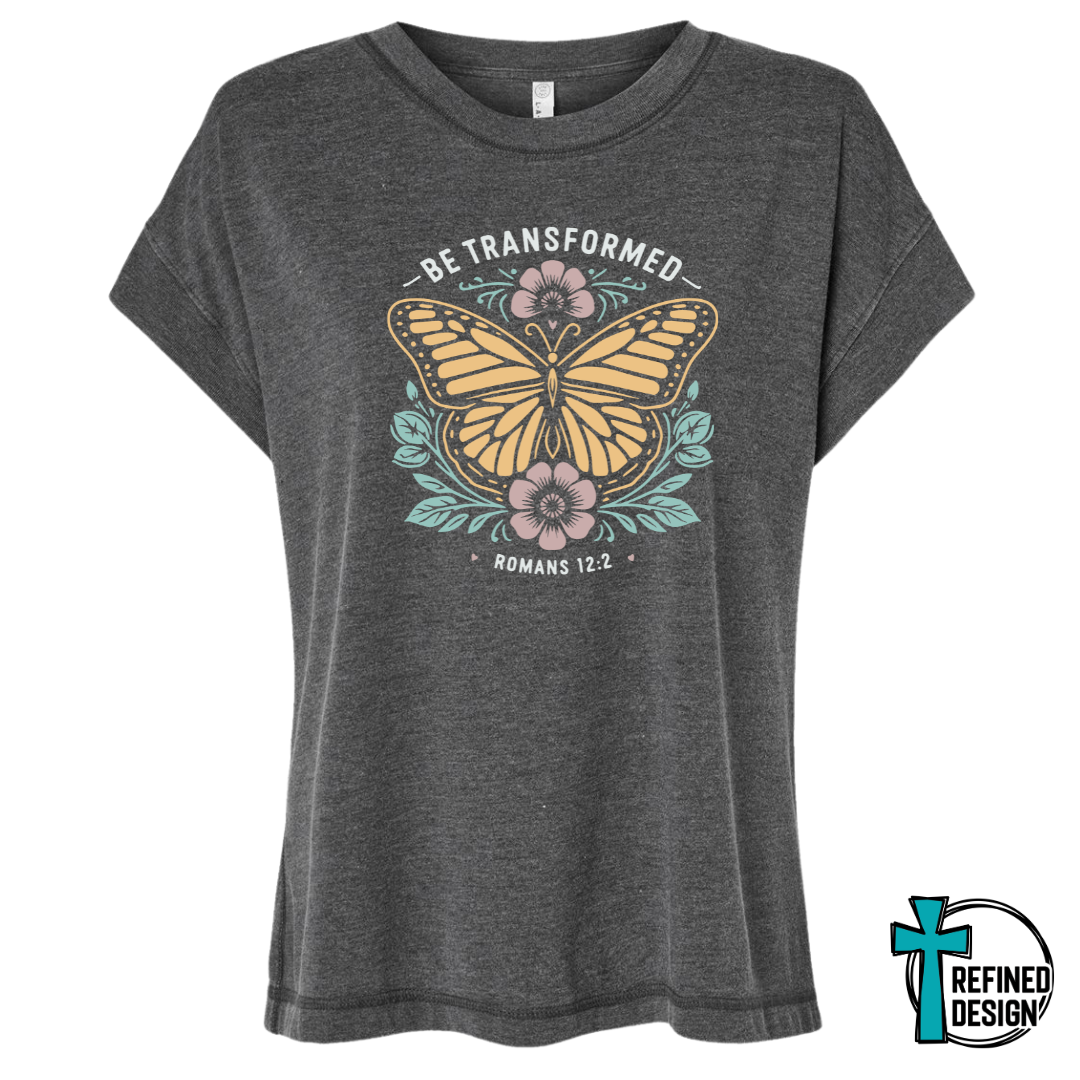 Be Transformed – Romans 12:2 Butterfly Vintage Washed Black Varsity Tee