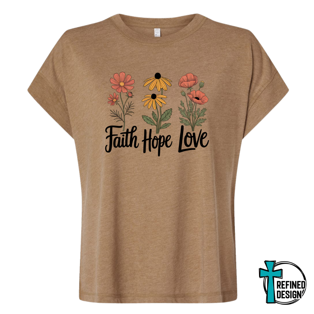 Faith Hope Love Floral Script Vintage Washed Coyote Brown Varsity Tee