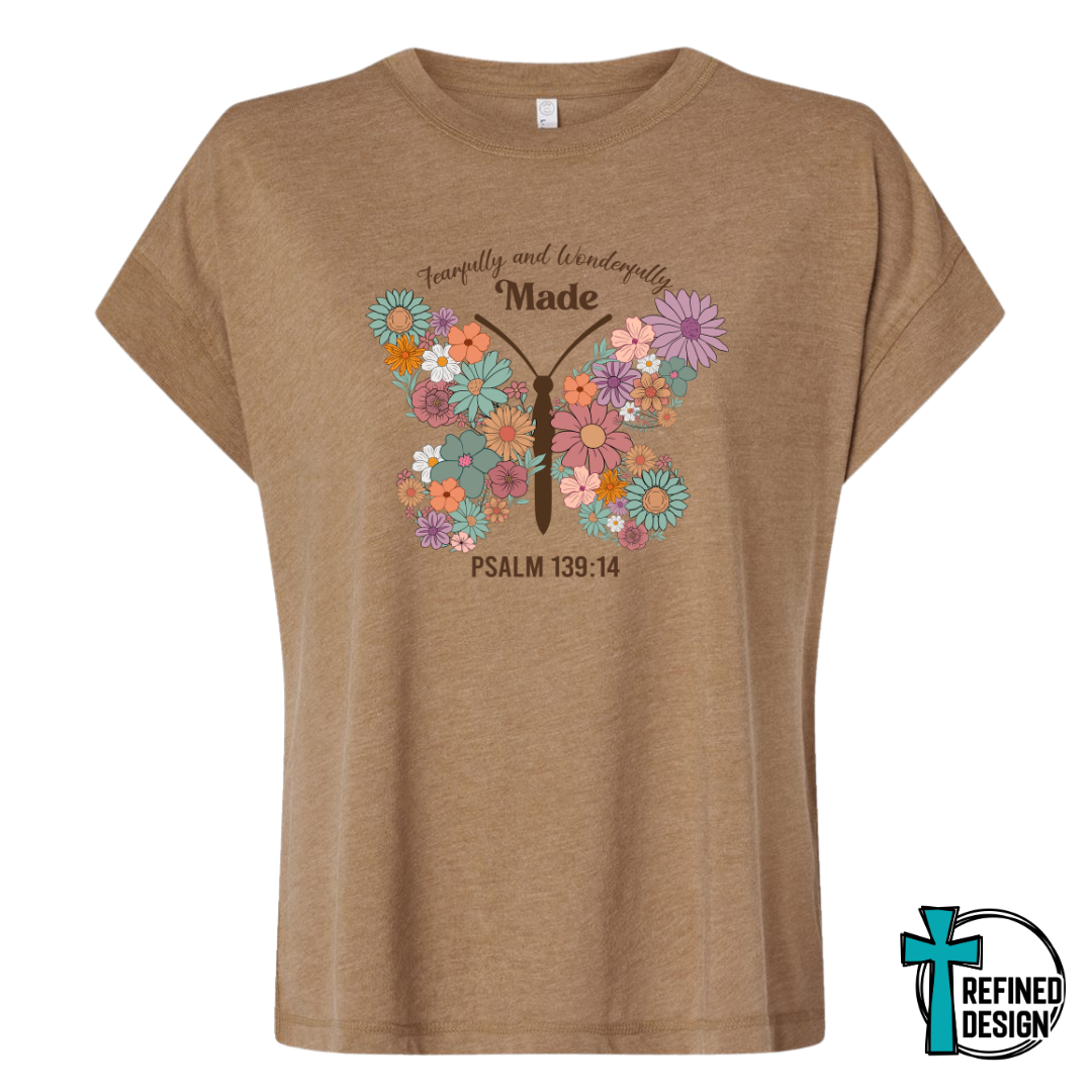 Fearfully & Wonderfully Made – Psalm 139:14 Butterfly Vintage Washed Coyote Brown Varsity Tee