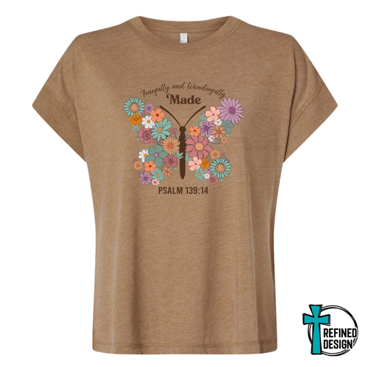 Fearfully & Wonderfully Made – Psalm 139:14 Butterfly Vintage Washed Coyote Brown Varsity Tee