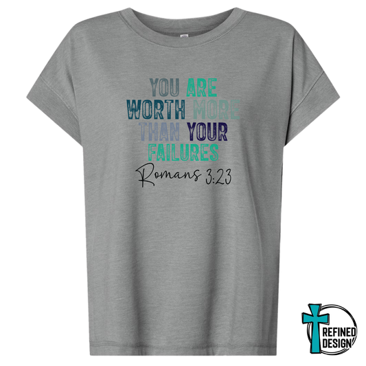 Worth More – Romans 3:23 Encouragement Vintage Washed Grey Varsity Tee