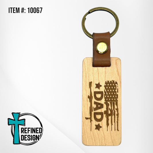 “Dad Guns and Stars Flag” Wood and Leather Keychain