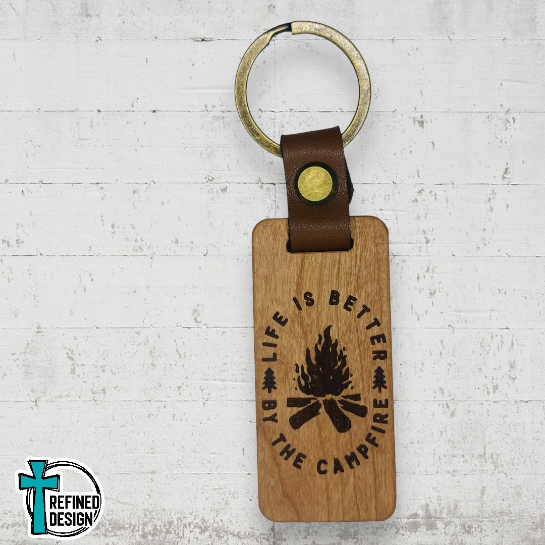 “Life is Better By the Campfire” Wood and Leather Keychain – Refined Design