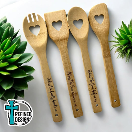 Laser Engraved Heart Cut Out Bamboo Utensil Set